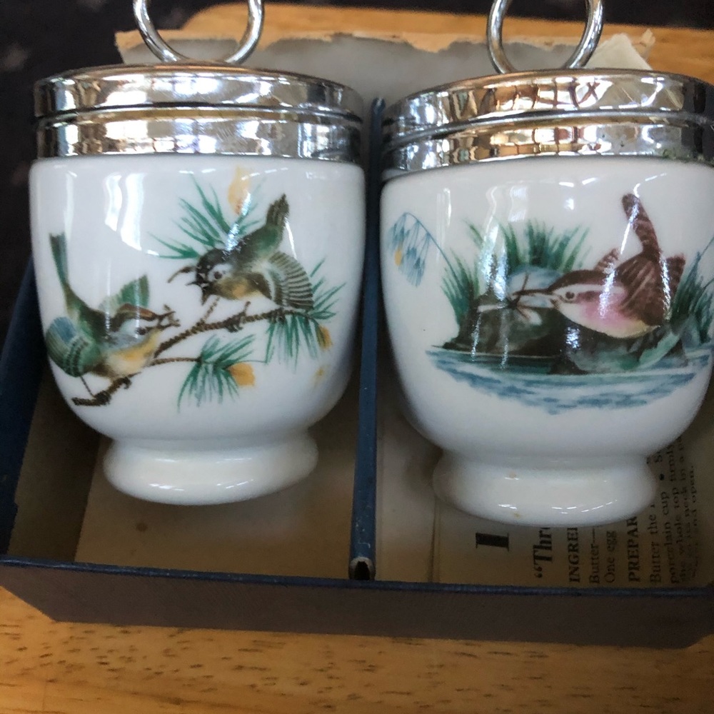 Royal Worcester egg coddlers. Bird pattern